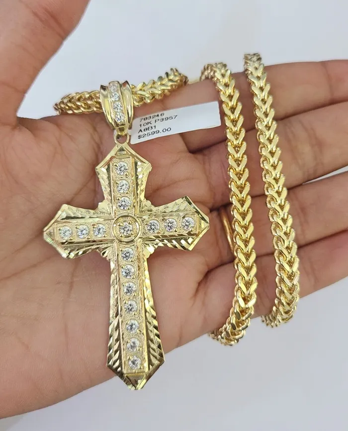 Gold and Diamond Necklaces 10K Franco Chain Jesus Cross Pendant Charm Necklace 2026 5mm Gold SET Yellow