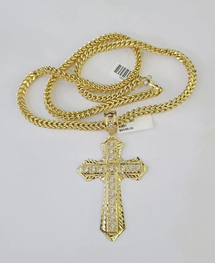 Gold and Diamond Necklaces 10K Franco Chain Jesus Cross Pendant Charm Necklace 2026 5mm Gold SET Yellow