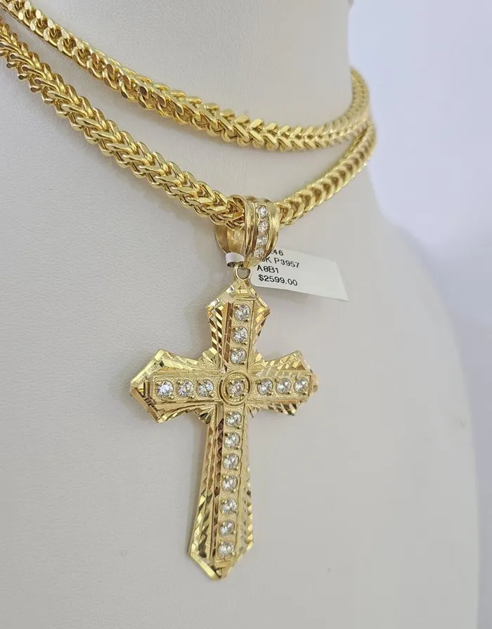 Gold and Diamond Necklaces 10K Franco Chain Jesus Cross Pendant Charm Necklace 2026 5mm Gold SET Yellow
