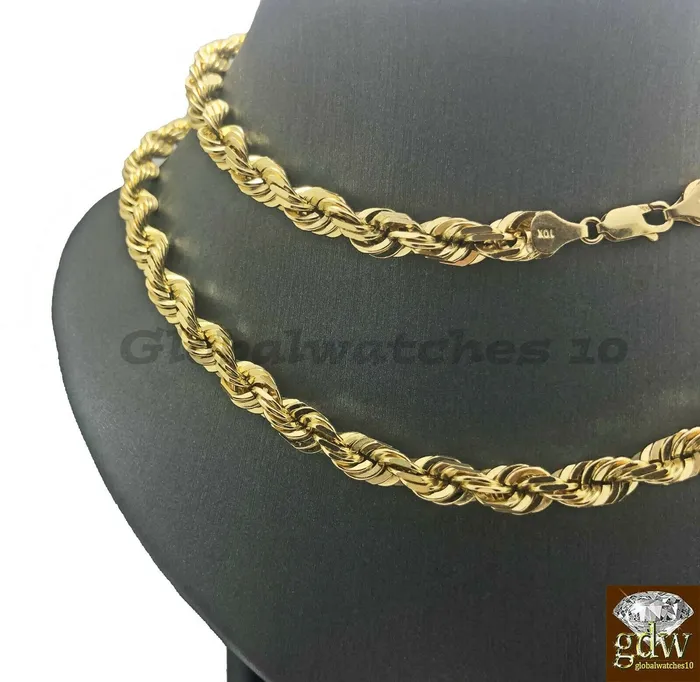 Gold and Diamond Necklaces 10K Gold Solid Rope Chain Necklace 26 Inch Lobster Clasp for Men Real 10k Gold
