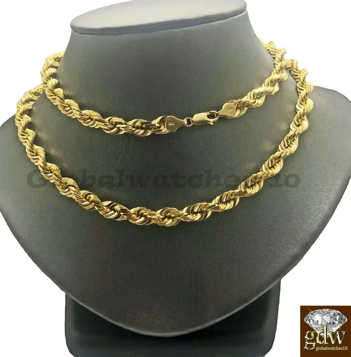 Gold and Diamond Necklaces 10K Gold Solid Rope Chain Necklace 26 Inch Lobster Clasp for Men Real 10k Gold