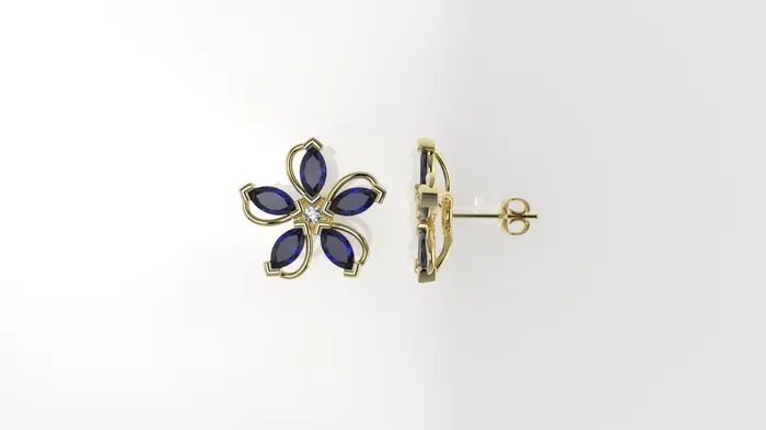 JCM DESIGN JEWELRY Earrings 14k Yellow Gold Earrings with 2 DIAMONDS 200mm VS1 each and 10 MARQUISE SAPPHIRE Stt Prong Flower with 5 petals JCM DESIGN JEWELRY Earrings 14k Yellow Gold Earrings with 2 DIAMONDS 200mm VS1 each and 10 MARQUISE SAPPHIRE Stt Prong Flower with 5 petals