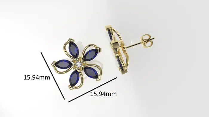 JCM DESIGN JEWELRY Earrings 14k Yellow Gold Earrings with 2 DIAMONDS 200mm VS1 each and 10 MARQUISE SAPPHIRE Stt Prong Flower with 5 petals