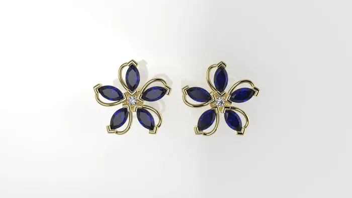 JCM DESIGN JEWELRY Earrings 14k Yellow Gold Earrings with 2 DIAMONDS 200mm VS1 each and 10 MARQUISE SAPPHIRE Stt Prong Flower with 5 petals
