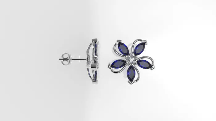 JCM DESIGN JEWELRY Earrings 14k Yellow Gold Earrings with 2 DIAMONDS 200mm VS1 each and 10 MARQUISE SAPPHIRE Stt Prong Flower with 5 petals