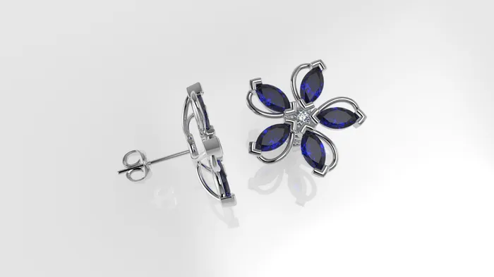 JCM DESIGN JEWELRY Earrings 14k Yellow Gold Earrings with 2 DIAMONDS 200mm VS1 each and 10 MARQUISE SAPPHIRE Stt Prong Flower with 5 petals