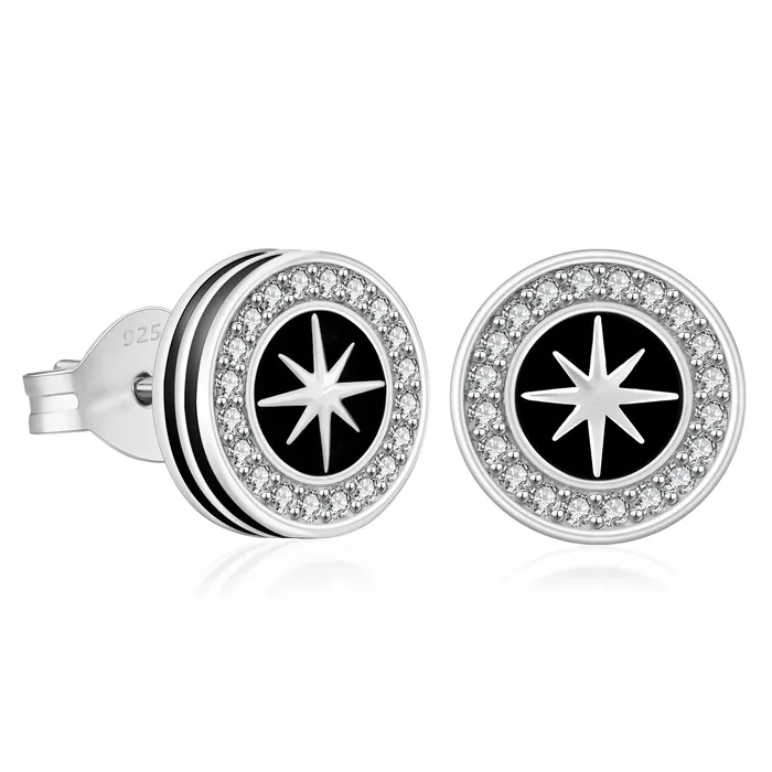 KRKC Earrings 9mm Black Enamel Iced Diamond Stud Earrings Sun