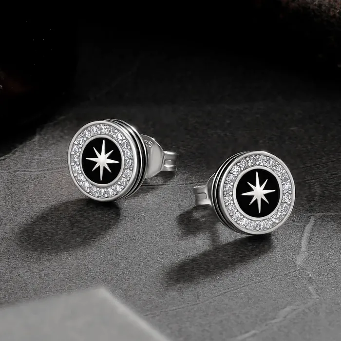 KRKC Earrings 9mm Black Enamel Iced Diamond Stud Earrings Sun