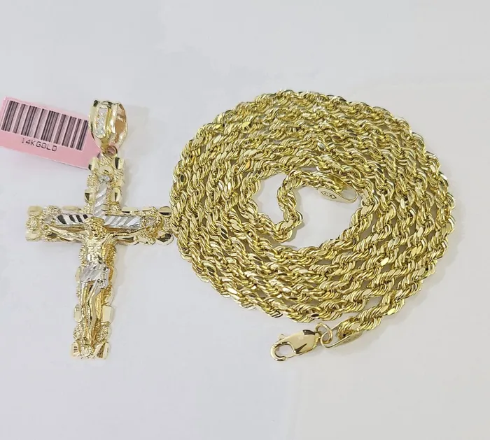 Necklaces Globalwatches10 14k Yellow Gold Rope Chain Jesus Nugget Cross Charm SET 3mm 26 Inches Necklace Necklaces Globalwatches10 14k Yellow Gold Rope Chain Jesus Nugget Cross Charm SET 3mm 26 Inches Necklace
