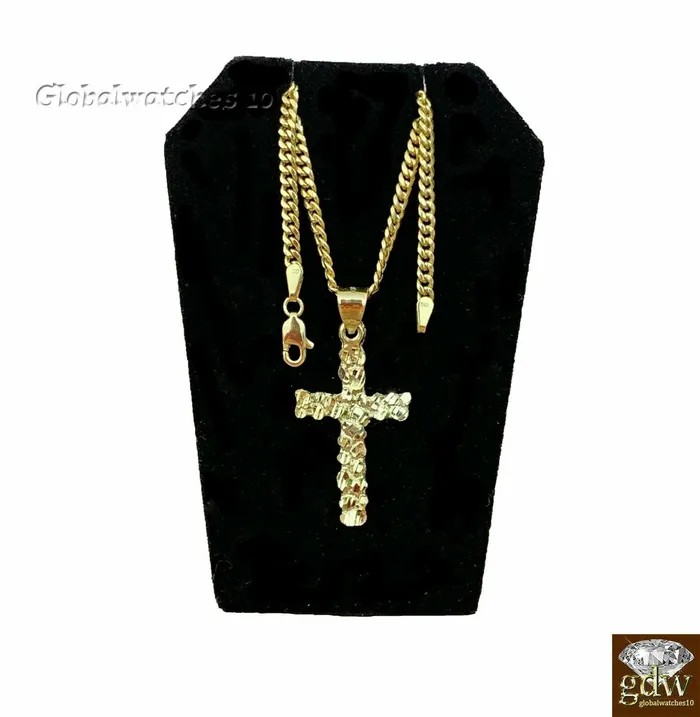 Necklaces Gold and Diamond 10k Gold Jesus Cross Charm Pendant with Miami Cuban Chain in 22 24 26 28 Inch Necklaces Gold and Diamond 10k Gold Jesus Cross Charm Pendant with Miami Cuban Chain in 22 24 26 28 Inch