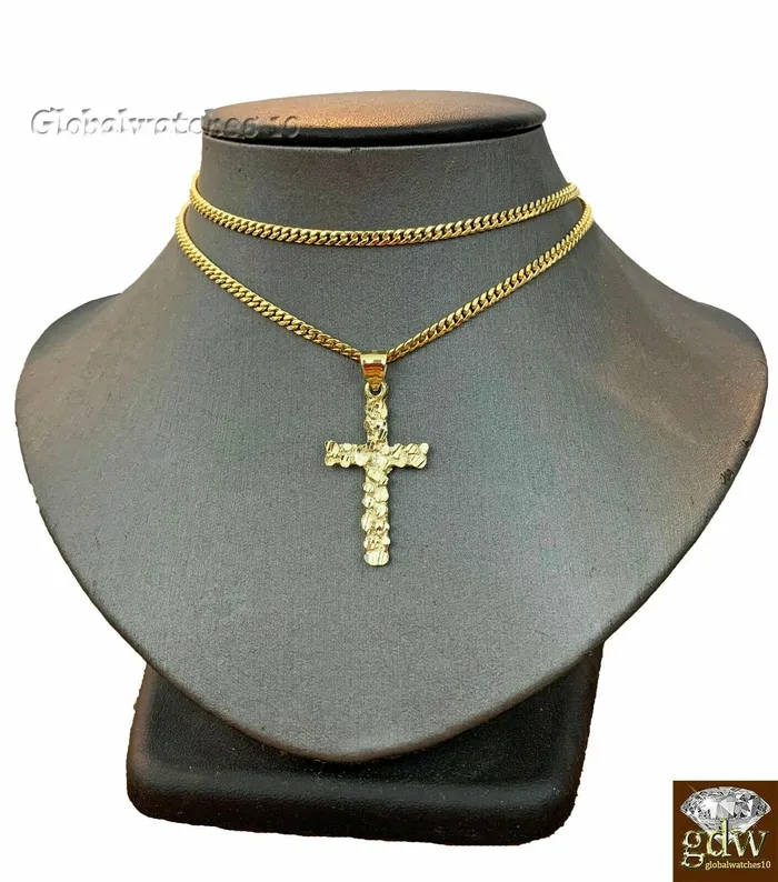 Necklaces Gold and Diamond 10k Gold Jesus Cross Charm Pendant with Miami Cuban Chain in 22 24 26 28 Inch