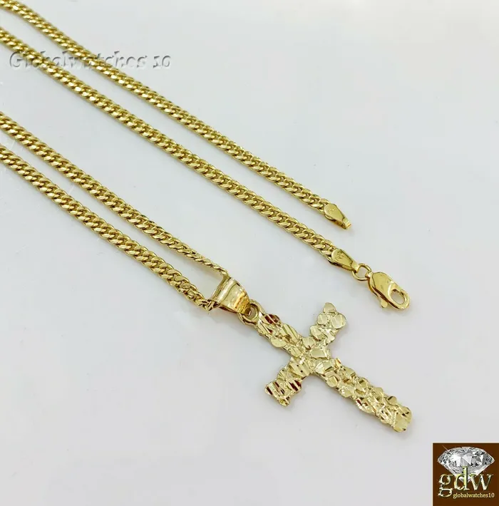 Necklaces Gold and Diamond 10k Gold Jesus Cross Charm Pendant with Miami Cuban Chain in 22 24 26 28 Inch