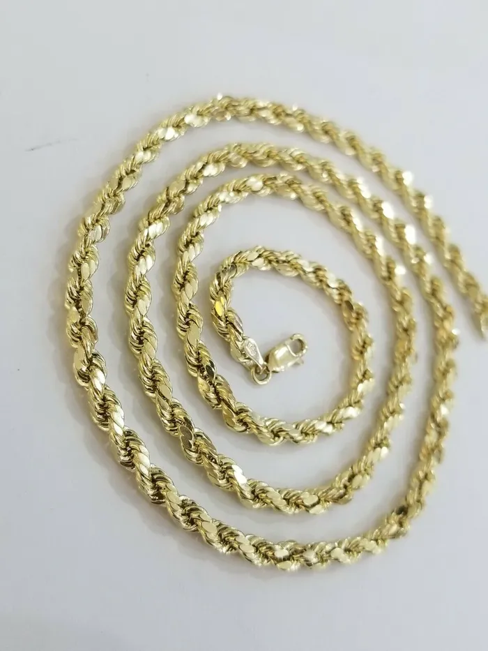 Necklaces Gold and Diamond SOLID 10k Yellow Gold Rope Chain 22 Diamond Cut 4mm REAL 10K Necklace Men Women