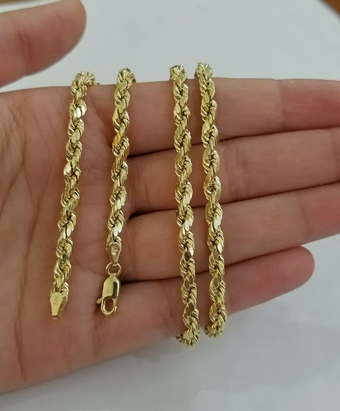 Necklaces Gold and Diamond SOLID 10k Yellow Gold Rope Chain 22 Diamond Cut 4mm REAL 10K Necklace Men Women