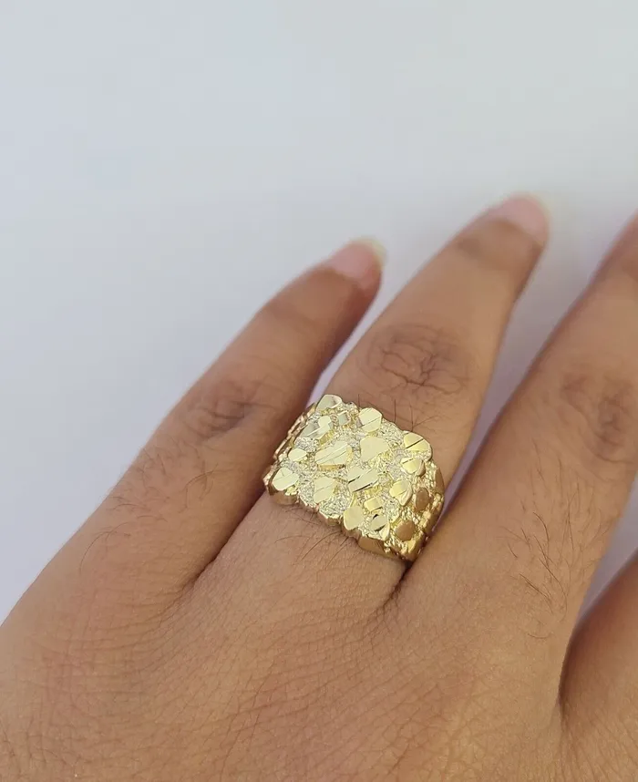 Rings Globalwatches10 Real 10k Nugget Ring Yellow Gold Men Casual Square Ring 10kt