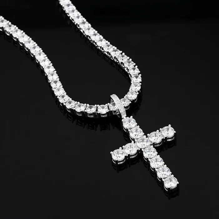 YiWuJinAo Necklaces VVS Moissanite Solid Silver Cross Pendant in White Gold