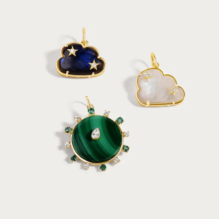 Alev Collection Round Malachite Center Diamond Stone Charm Charm Necklaces