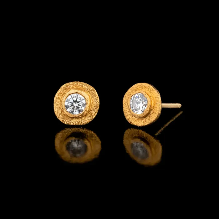 Earrings Round 6mm Textured Gold and Diamond Stud Earrings Gzahav