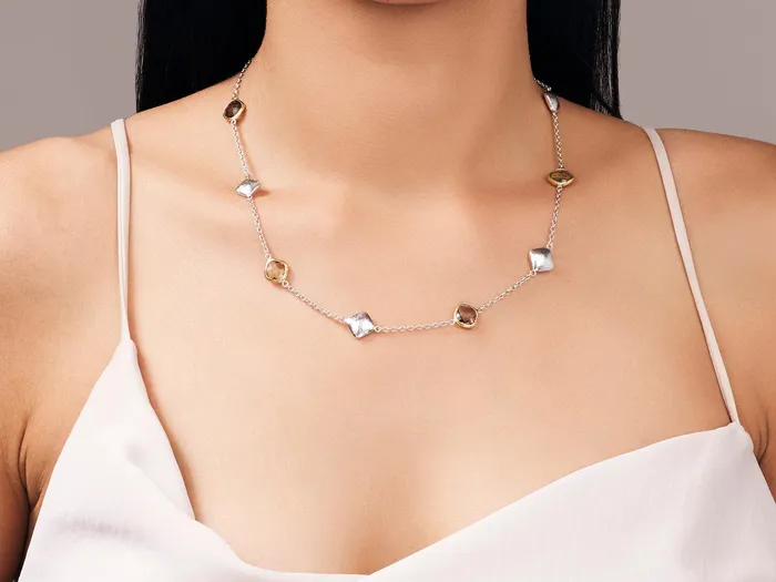 GG SILVER CLR GURHAN Spell Sterling Silver Quartz Station Short Necklace Mixed Shapes on Thin Chain Gold Accents Necklaces GG SILVER CLR GURHAN Spell Sterling Silver Quartz Station Short Necklace Mixed Shapes on Thin Chain Gold Accents Necklaces