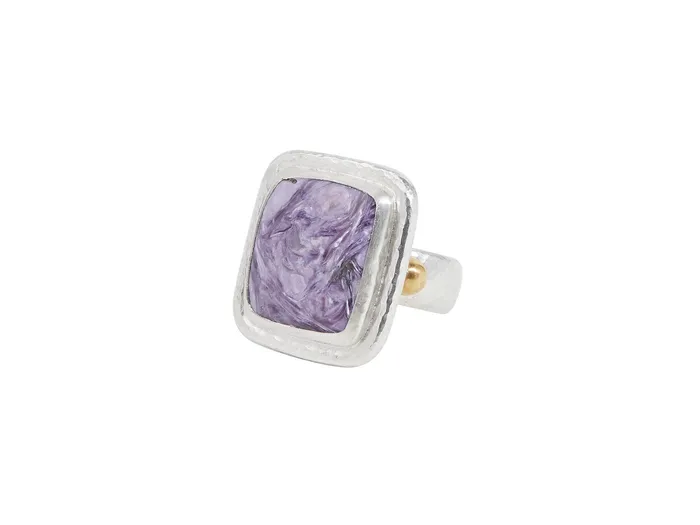 GURHAN Galapagos Sterling Silver Charoite Cocktail Ring 20mm Square Stone set in Wide Frame Gold Accents GG SILVER CLR Rings