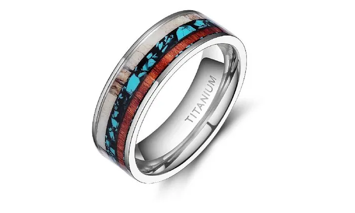sparklingselections Rings Vintage 8mm Natural Genuine Deer Antler Wood Inlay Titanium Ring