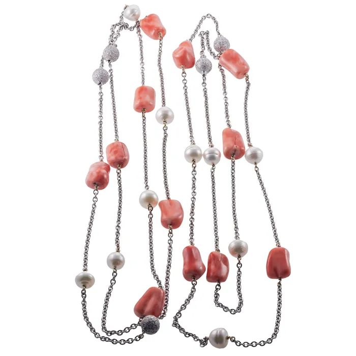 Coral Diamond Pearl Gold Long Station Necklace Set Not Signed Necklaces