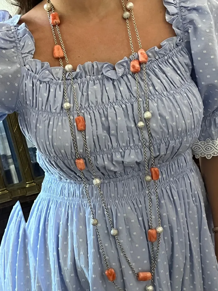 Coral Diamond Pearl Gold Long Station Necklace Set Not Signed Necklaces