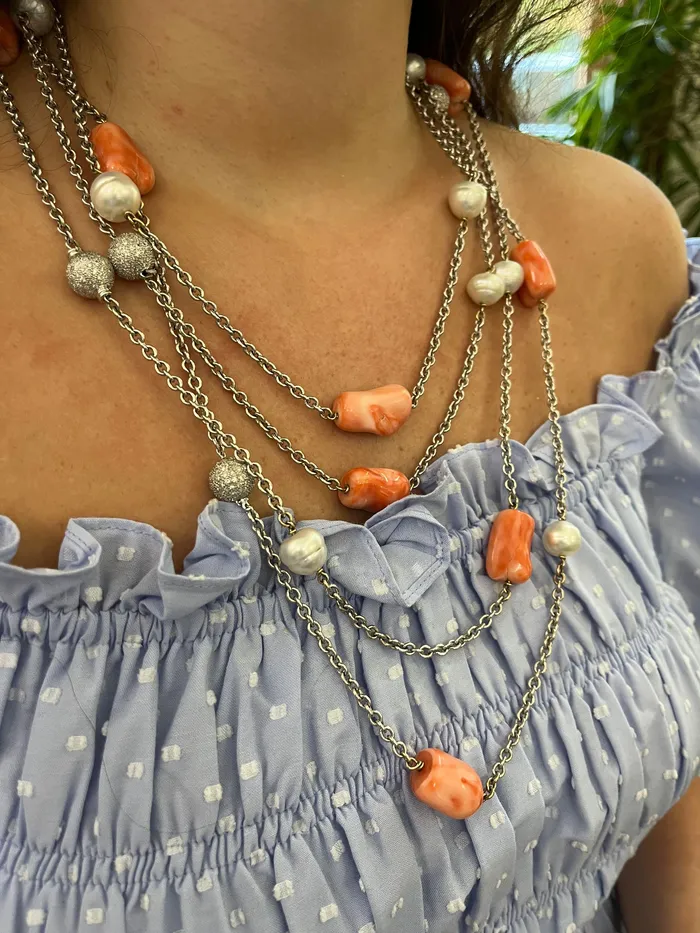Coral Diamond Pearl Gold Long Station Necklace Set Not Signed Necklaces