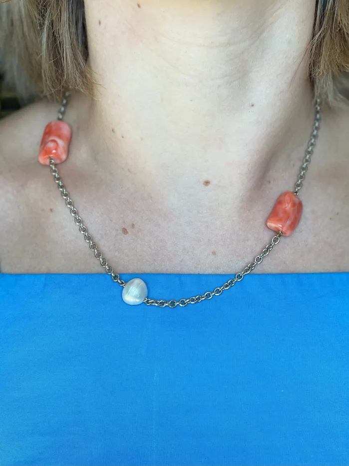 Coral Diamond Pearl Gold Long Station Necklace Set Not Signed Necklaces