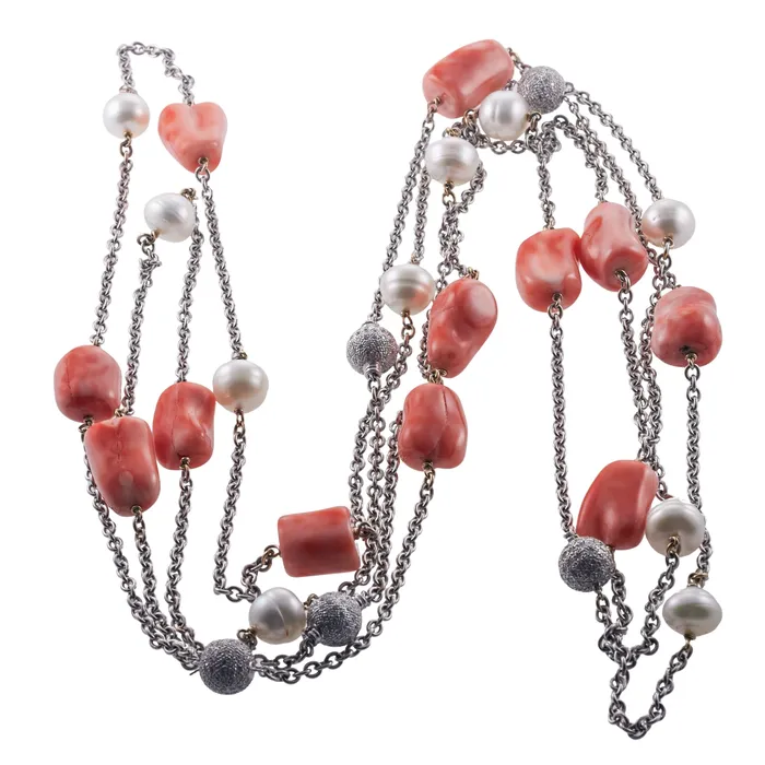 Coral Diamond Pearl Gold Long Station Necklace Set Not Signed Necklaces