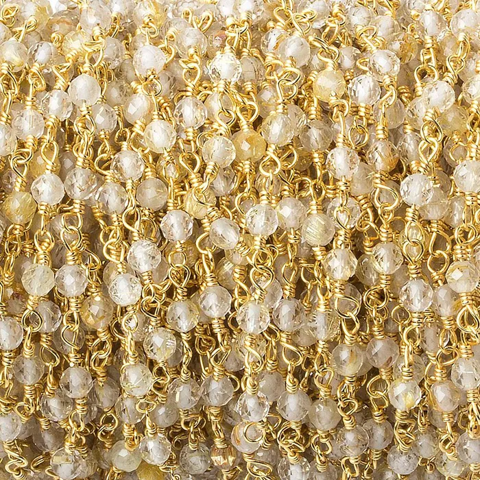 Necklaces Beadsofcambaycom 3mm Rutilated Quartz microfaceted round Gold plated Chain