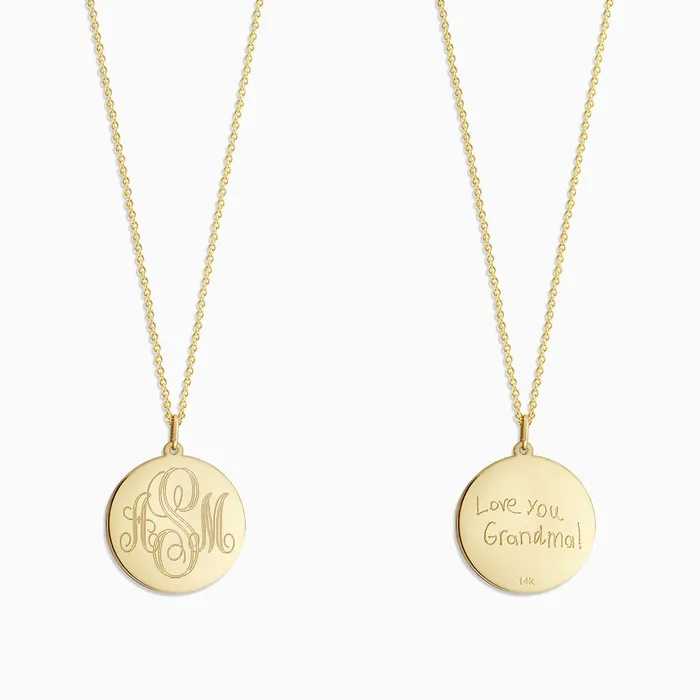 Necklaces Sandy Steven Engravers Engravable 78 inch 14k Yellow Gold InterlockingScript Monogram Disc Charm Necklace