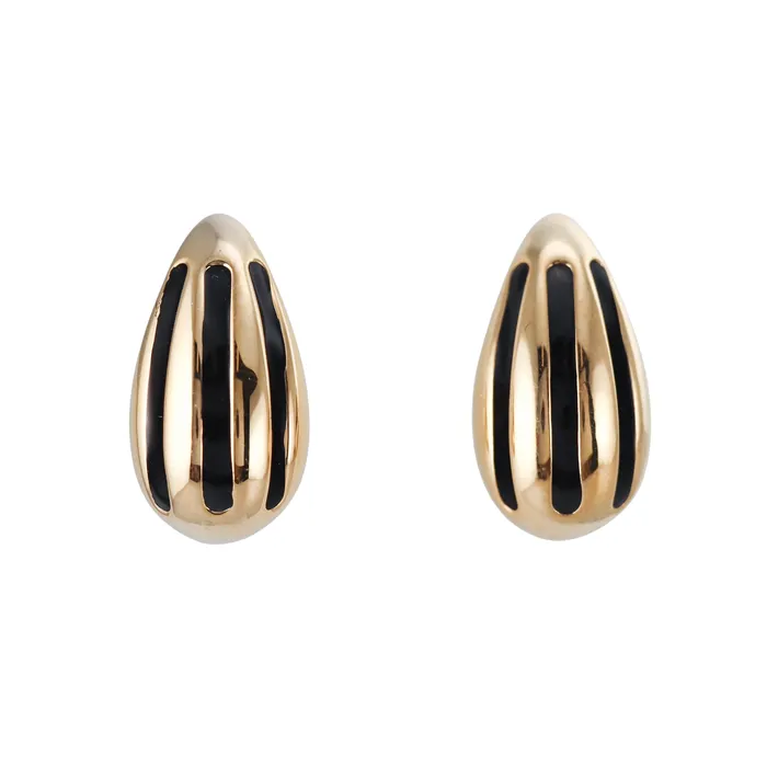 Not Signed Earrings Yellow Gold Black Stripe Enamel Medium Teardrop Earrings