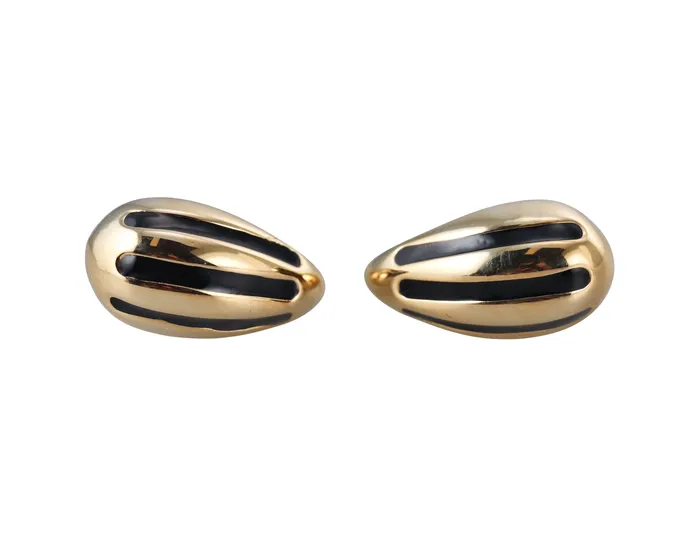 Not Signed Earrings Yellow Gold Black Stripe Enamel Medium Teardrop Earrings
