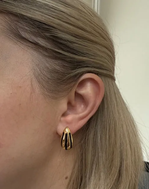 Not Signed Earrings Yellow Gold Black Stripe Enamel Medium Teardrop Earrings