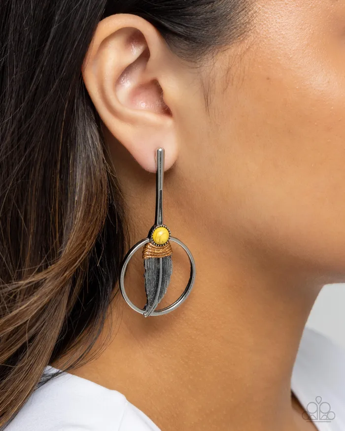 Paparazzi Accessories Earrings Feathered Future Yellow Feather Earrings Jewelry by Bretta