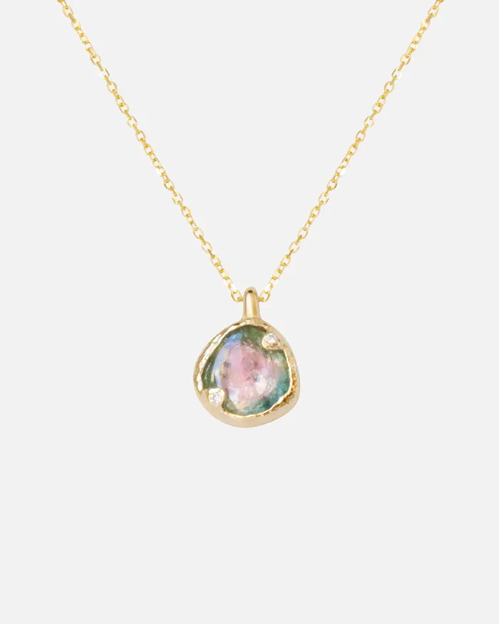 Round Watermelon Tourmaline and Diamond Pendant Ariko Necklaces