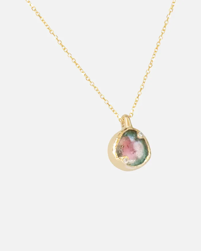 Round Watermelon Tourmaline and Diamond Pendant Ariko Necklaces Round Watermelon Tourmaline and Diamond Pendant Ariko Necklaces