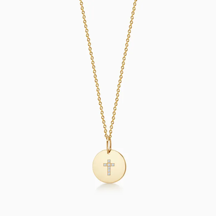 Sandy Steven Engravers Necklaces 12 inch Engravable 14k Gold Disc Charm Necklace with Diamond Cross Small Sandy Steven Engravers Necklaces 12 inch Engravable 14k Gold Disc Charm Necklace with Diamond Cross Small