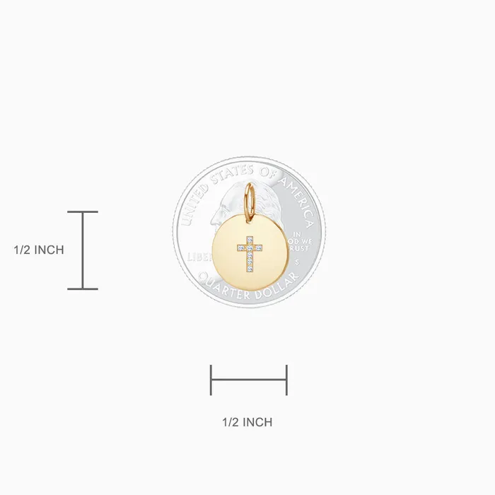 Sandy Steven Engravers Necklaces 12 inch Engravable 14k Gold Disc Charm Necklace with Diamond Cross Small