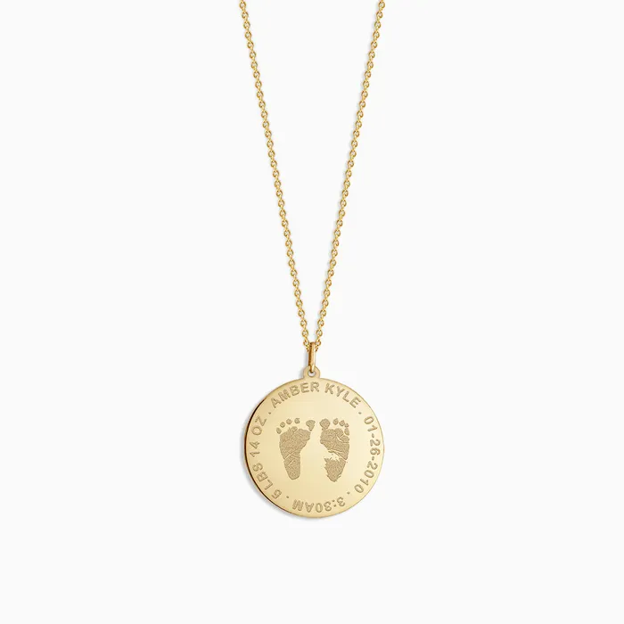 Sandy Steven Engravers Necklaces Custom Engraved 1 inch 14k Yellow Gold Actual Baby Footprint Charm Necklace
