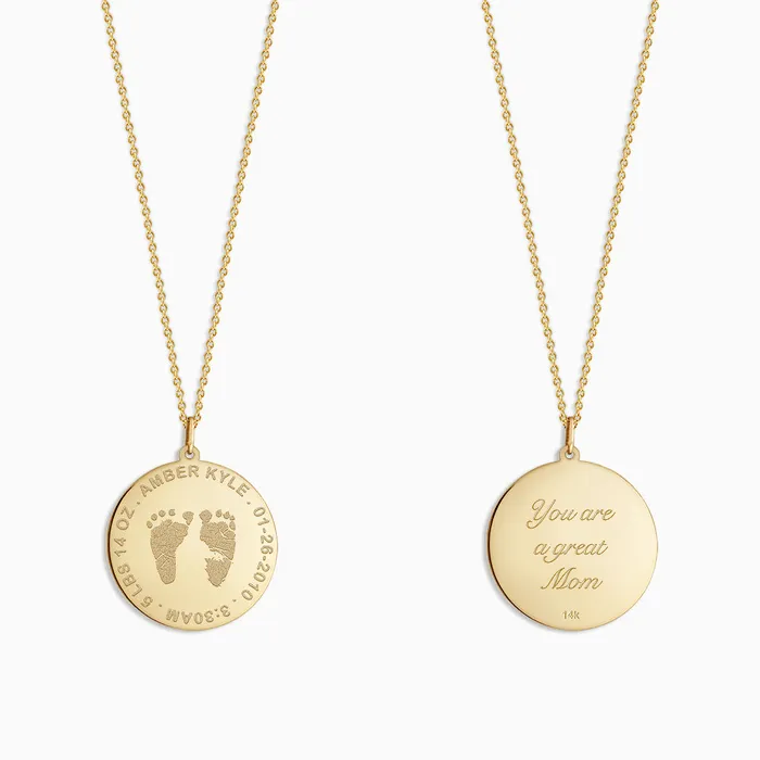 Sandy Steven Engravers Necklaces Custom Engraved 1 inch 14k Yellow Gold Actual Baby Footprint Charm Necklace