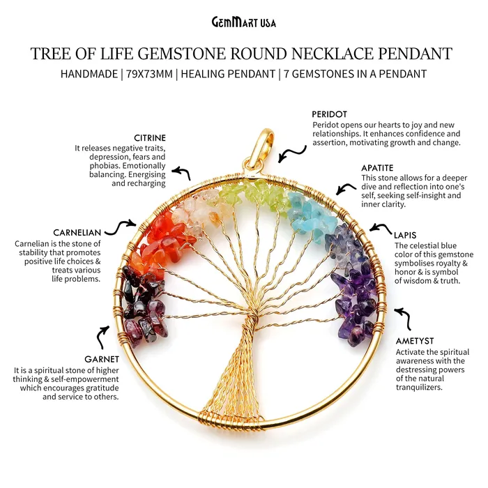 7 Chakra Tree Of Life 79x73mm Gold Wire Wrapped Round Shape Pendant GemMartUSA Necklaces 7 Chakra Tree Of Life 79x73mm Gold Wire Wrapped Round Shape Pendant GemMartUSA Necklaces