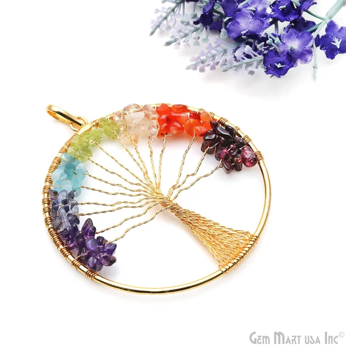 7 Chakra Tree Of Life 79x73mm Gold Wire Wrapped Round Shape Pendant GemMartUSA Necklaces