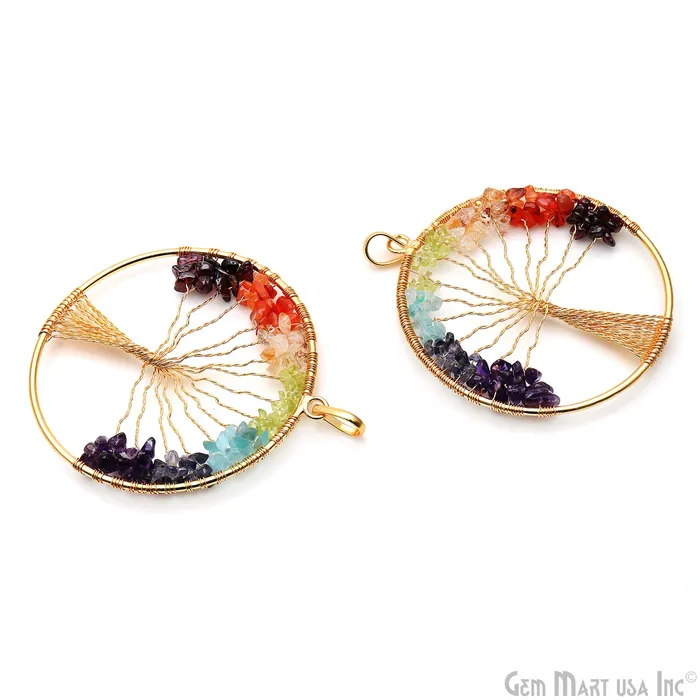 7 Chakra Tree Of Life 79x73mm Gold Wire Wrapped Round Shape Pendant GemMartUSA Necklaces