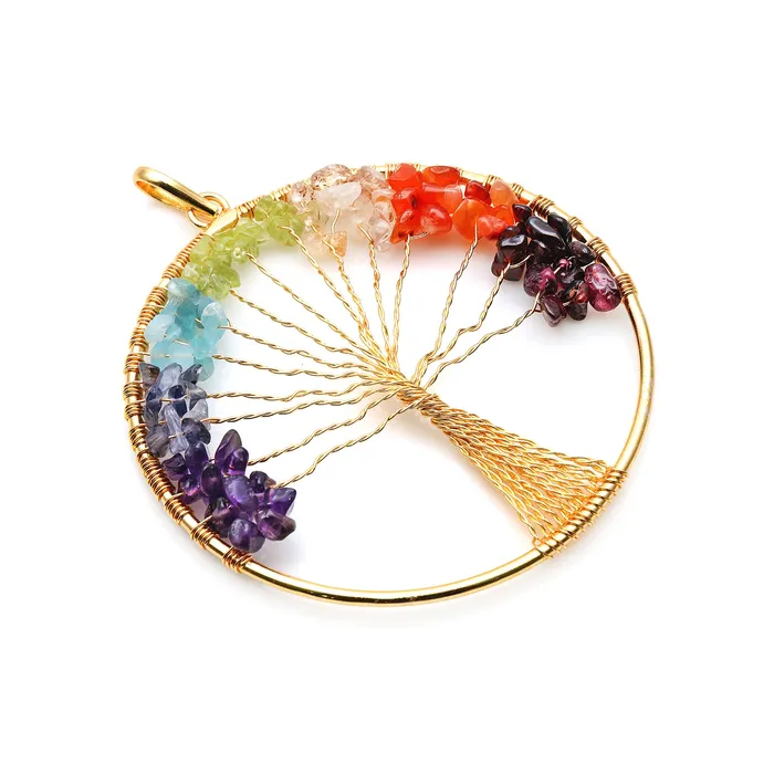 7 Chakra Tree Of Life 79x73mm Gold Wire Wrapped Round Shape Pendant GemMartUSA Necklaces