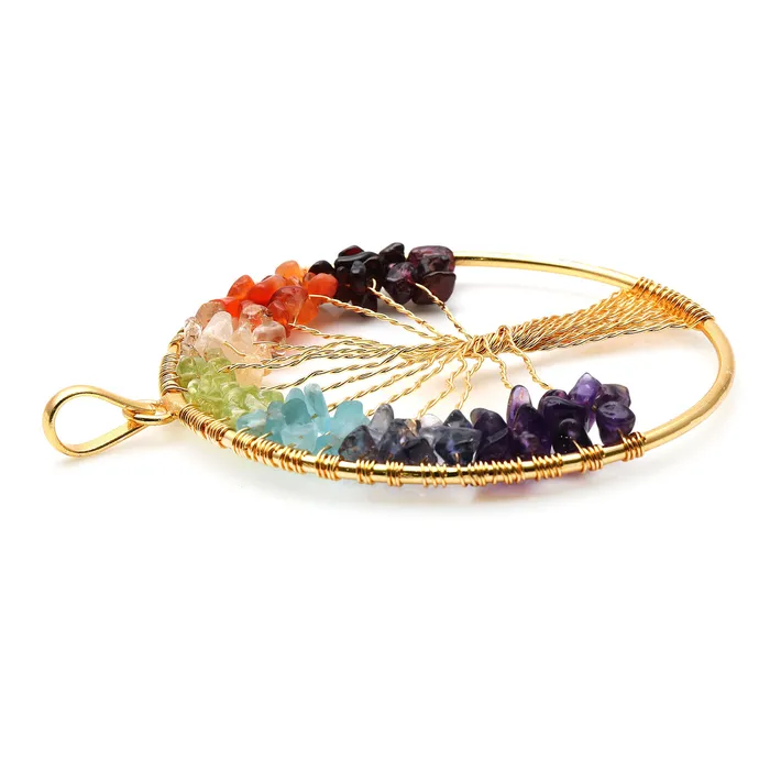 7 Chakra Tree Of Life 79x73mm Gold Wire Wrapped Round Shape Pendant GemMartUSA Necklaces
