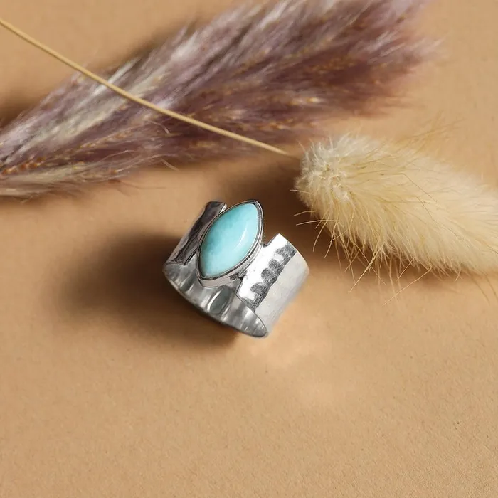 7x14 MM Larimar 925 Sterling Silver Wide Band Bold Ring YoTreasure Rings