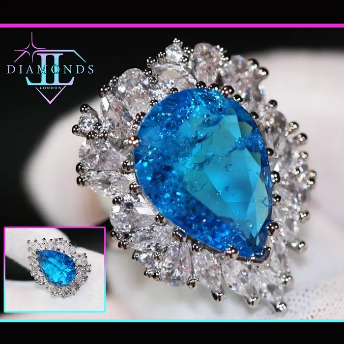 Aquamarine Blue Diamond Ring Womens Blue Teardrop Diamond Ring Lab Diamonds London Rings