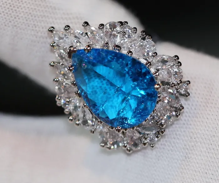 Aquamarine Blue Diamond Ring Womens Blue Teardrop Diamond Ring Lab Diamonds London Rings